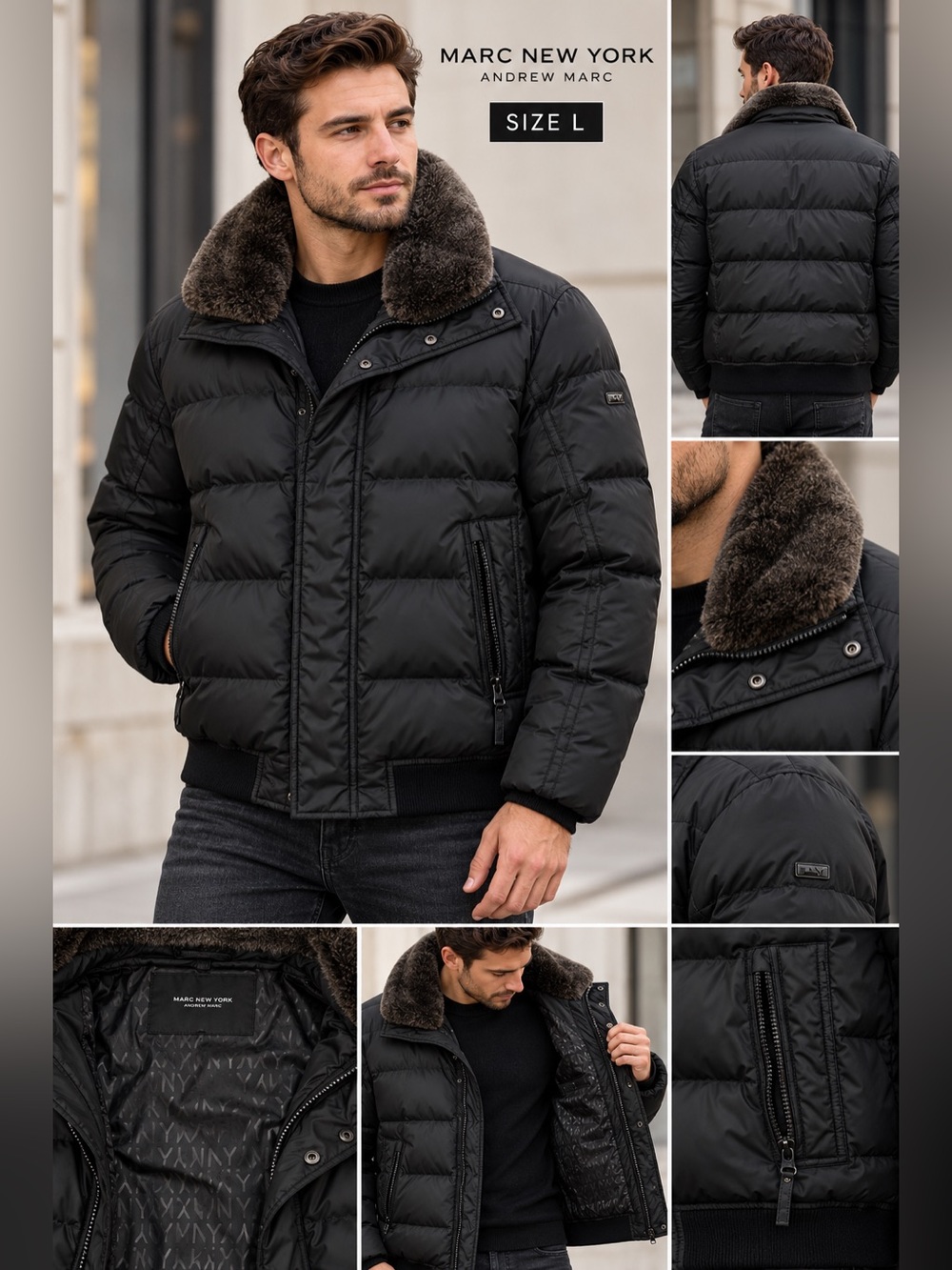 Marc New York Men's Black Puffer Jacket with Faux Fur Collar Large